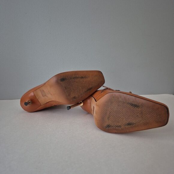 L' Intervalle Chestnut Brown Leather Gold Stiletto Lace Up Boots Womens 6 - Picture 6 of 7